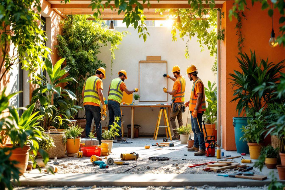 obreros trabajando porche jardin